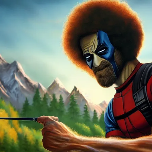 Image similar to a closeup photorealistic photograph of bob ross working on a canvas painting of deadpool. film still. brightly lit scene. mountains and trees. this 4 k hd image is trending on artstation, featured on behance, well - rendered, extra crisp, features intricate detail, epic composition and the style of unreal engine.