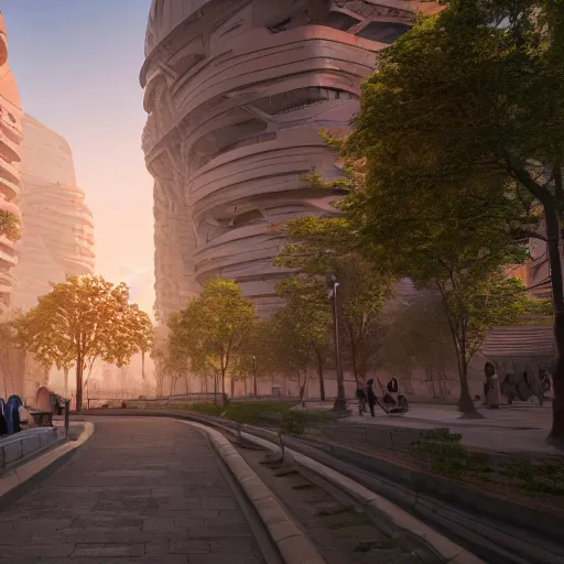 Image similar to Futuristic city, full of nature, trees, parks and gardens, building incorporating natural materials like wood and stone, many people walking about, narrow and winding cosy streets, reuse and recycling of resources, temperate climate, atmosphere of peace and harmony, 3d render, volumetric lighting, extremely detailed, unreal engine, 8k UHD, HDR