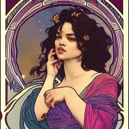 Image similar to tessa thompson portrait by louis - theophile hingre and alphonse mucha, realistic, sharp focus, zodiac signs, tarot cards, planets, ethereal, art nouveau, magic, moon, sun, crown, dreamy, royal, jewellery