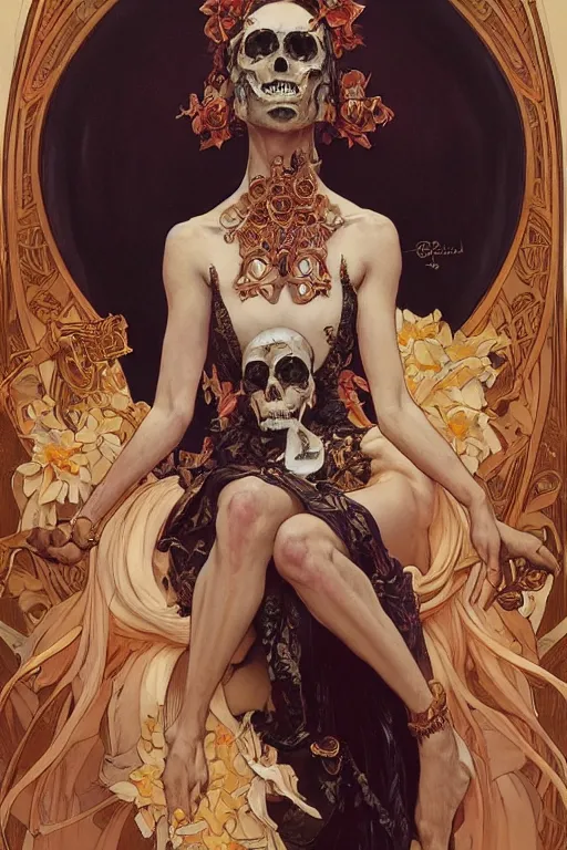 Prompt: a painting of a beautiful death goddess sitting on a throne made of flesh and bone, adorned with skulls, full face, full body, by artgerm and Alphonse Mucha, Greg rutkowski, Alex Ross, Lucio parrillo, highly detailed, octane, trending on artstation