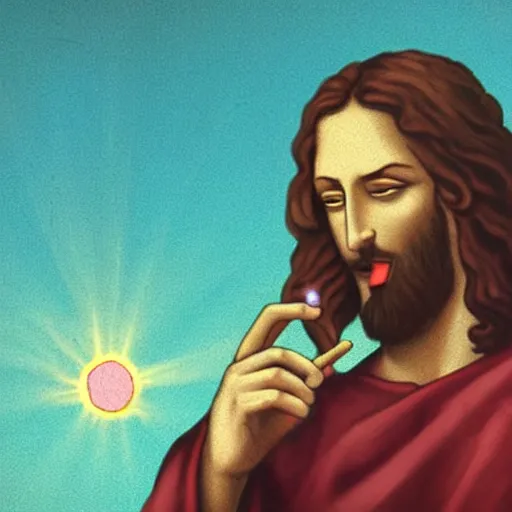 Prompt: jesus smoking weed, red eyes, smoke, happy