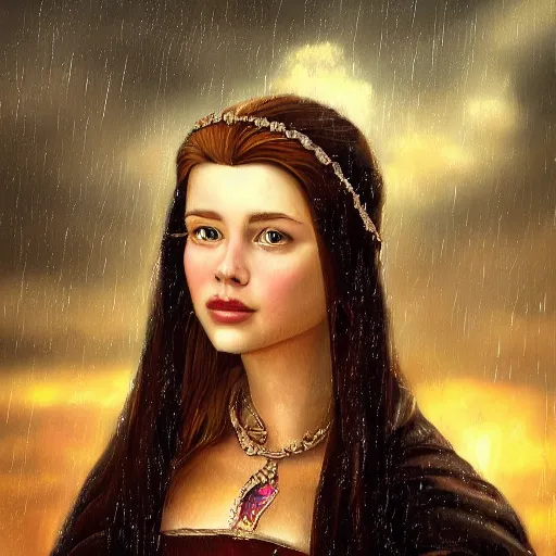 Image similar to portrait of an princess, painting by michael wellen, john stephens, in a medieval city, tone mapping, stormy weather, sleet, trending on artstation