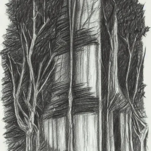 Prompt: a black tower surrounded by woodland, pencil drawing