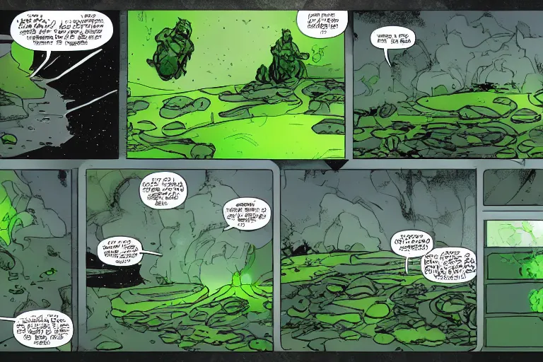 Image similar to glowing green rocks, toxic sludge, like where the hulk would live, landscape, comic book art style, pictures in sequence, storyboarding, speech bubbles, explosions