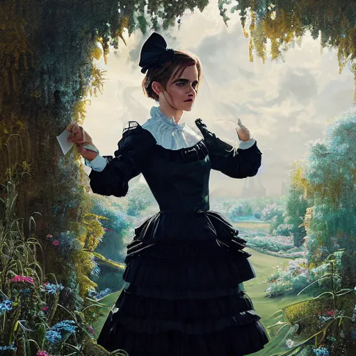 Prompt: highly detailed painting of emma watson wearing a black cat lolita maid dress, stephen bliss, 8 k, by greg rutkowski, artgerm, loish, rhads, global illumination, detailed and intricate environment