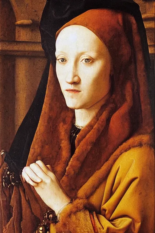 Prompt: candid portrait of a stunningly beautiful woman, oil painting by jan van eyck, northern renaissance style, oil on canvas, wet - on - wet technique, realistic, expressive emotions, detailed textures, illusionistic detail