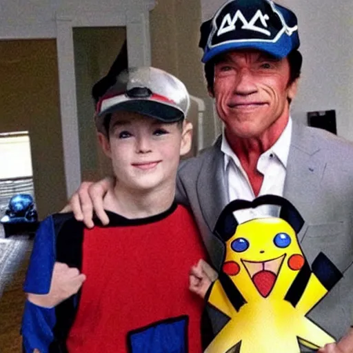 Image similar to Arnold schwarzenegger dressed up as Ash Ketchum, he is a pokemon trainer