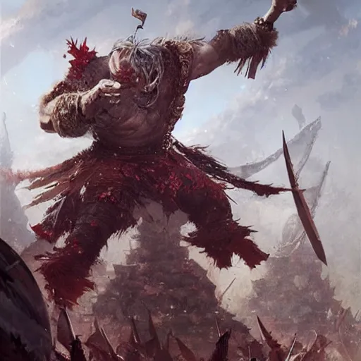 Image similar to the king of trolls after destroying the rival armies in a tough fight, painting by greg rutkowski and paul bonner