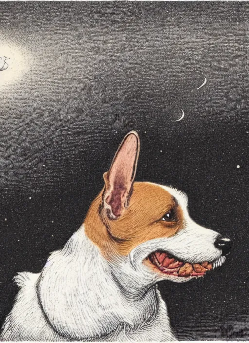 Prompt: candid portrait of jack russel dog sad mouth open, night sky, highly detailed, side view, illustrated by peggy fortnum and beatrix potter and sir john tenniel