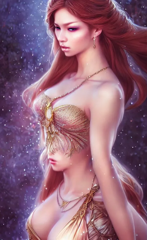 Image similar to a fantasy photo of gorgeous russian female, evening gown, bokeh, medium shot, beautiful face, professionally retouched, soft lighting, realistic, smooth face, perfect eyes, sharp focus, 8 k realistic high definition, insanely detailed, intricate, elegant, art by artgerm and kyoung hwan kim