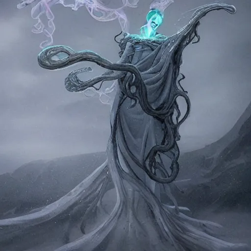 Image similar to concept designs of an ethereal ghostly wraith like figure with a squid like parasite latched onto its transparent skull and long tentacle arms that flow lazily but gracefully at its sides like a cloak while it floats around a frozen rocky tundra in the snow searching for lost souls and that hides amongst the frosted trees, this character has hydrokinesis and electrokinesis for the franchise Bloodborne in the style of arcane the series on netflix