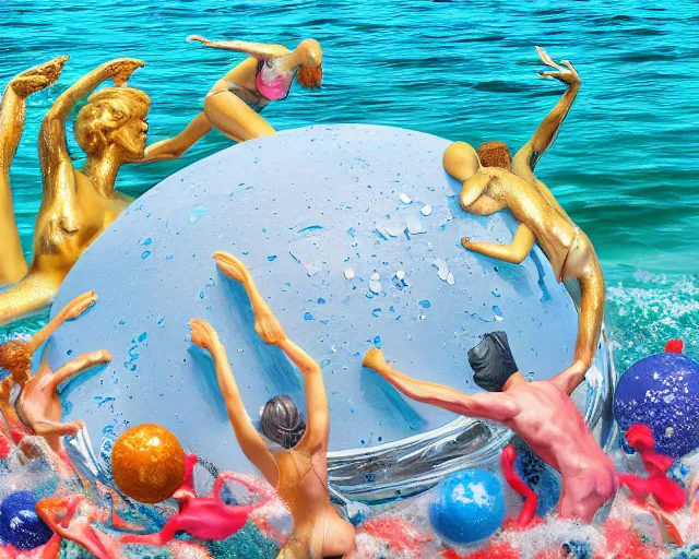 Image similar to a giant abstract sculpture of the birth of the universe on the ocean water, in the style of jeff koons, award winning, cinematic, hyper - realistic, very detailed, realistic water splashes, ray tracing, 8 k resolution, long - shot, sharp focus, low angle, 8 5 mm photograph, wide lens