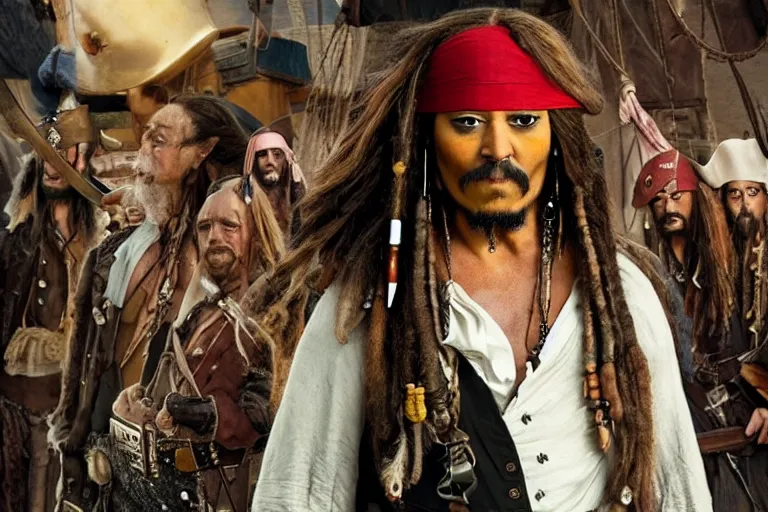 Prompt: promotional image of Homer Simpson as Captain Jack Sparrow in the new Pirates of the Carribean movie, realistic, detailed face, movie still frame, promotional image, imax 70 mm footage