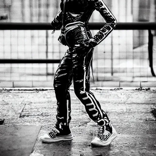 Prompt: fashion photography of an extraterrestrial model, wearing futuristic hip - hop streetwear fashion, inside berghain, berlin fashion, futuristic fashion, photo 3 5 mm leica, hyperdetail, 8 k, very detailed, black and white