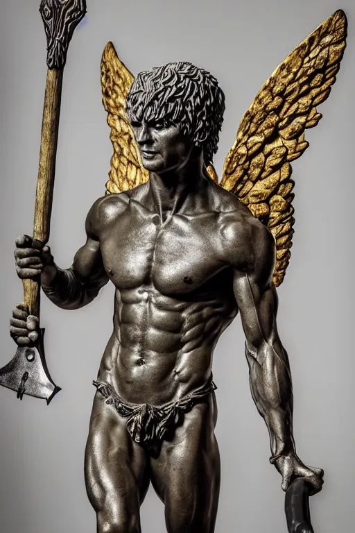 Image similar to photo taken of an epic intricate, ultra detailed, super realistic sculpture of a ancient winged demonic guardian statue holding an axe, sculpture on display, created by weta workshop, photorealistic, sharp focus, f 0. 4, face centred, golden ratio