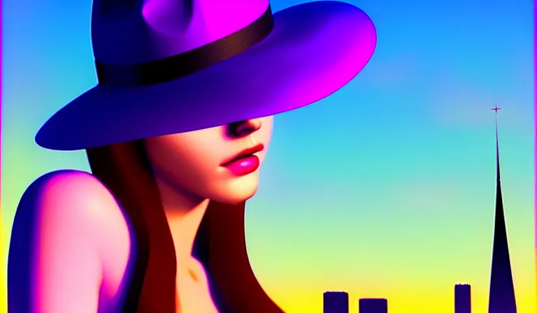 Image similar to a beautiful and immaculate young teenager girl with fedora hat. synthwave, detailed. trending on artstation. recommended for you behance. by chris moore. by edward hopper., beeple colors, metropolis filmic. gotham city.