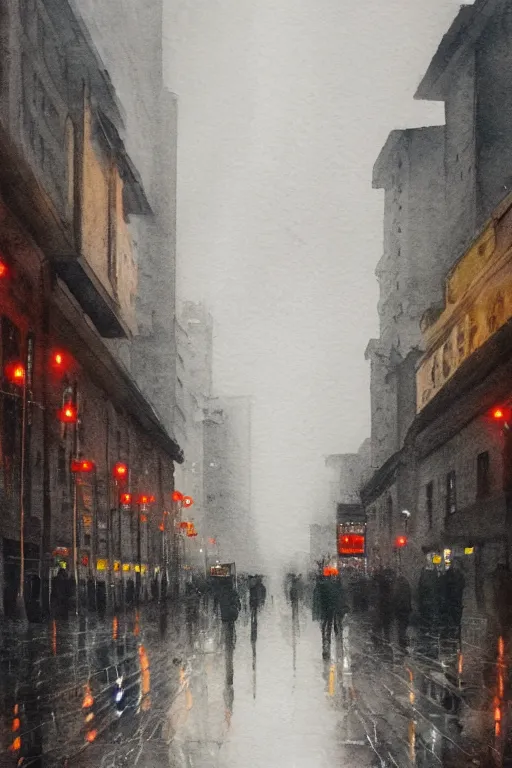 Image similar to A poetic watercolor of an empty Shanghai Bund, rainy street, cloudy overcast sky, poignant, high contrast of light and dark, smooth, by Joseph Zbikowicz, 8k