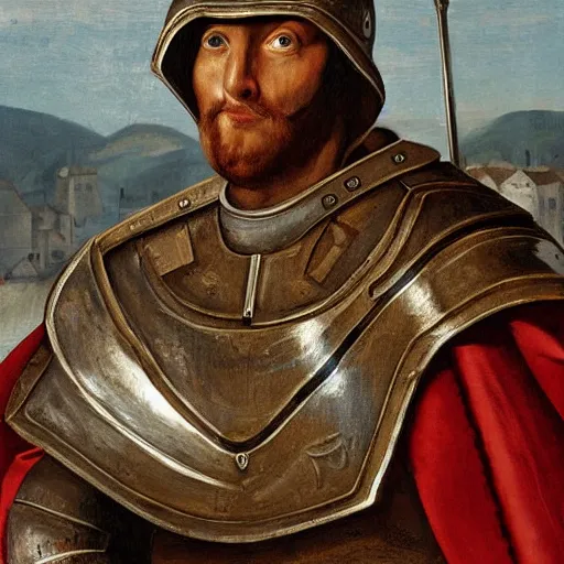 Prompt: man in 15 century decorated crusader armor and cape with crusader insignia oil painting realistic high detail