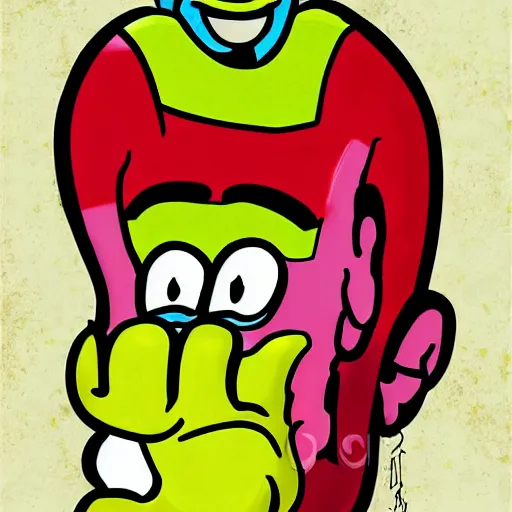 Image similar to cartoon style, strong chin, handsome squidward portrait, vivid colors