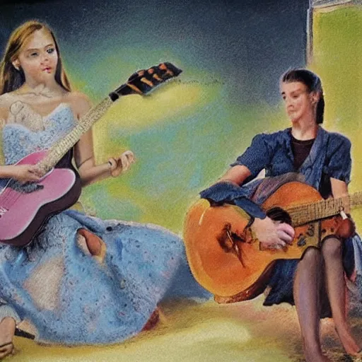 Image similar to women playing guitar, televisions, hd, photoreal cinema still, pastel in the style of bruce weber