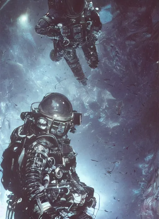 Image similar to astronauts in dark void underwater - complex and hyperdetailed technical suit. reflection and dispersion materials. rays and dispersion of light. volumetric light. f / 3 2. noise film photo. flash photography. ultra realistic, wide angle. poster by wayne barlowe, hajime sorayama aaron horkey, craig mullins