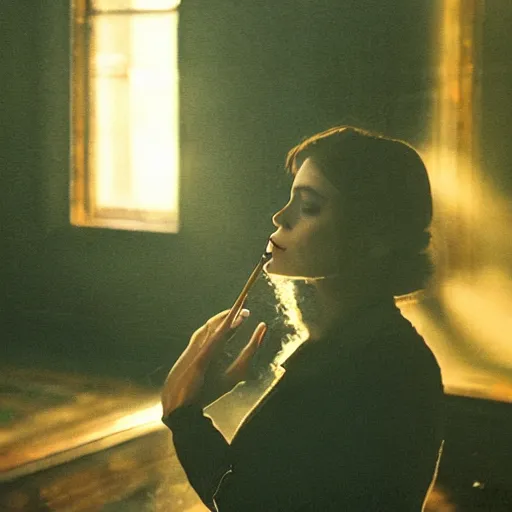 Prompt: a woman smoking a cigarette in a dark room, screenshot by martin scorsese, aestheticism, goth, dark and mysterious, filmic, a photorealistic painting by jerry weiss, shutterstock tumblr contest winner, naturalism, behance hd, shutterstock contest winner