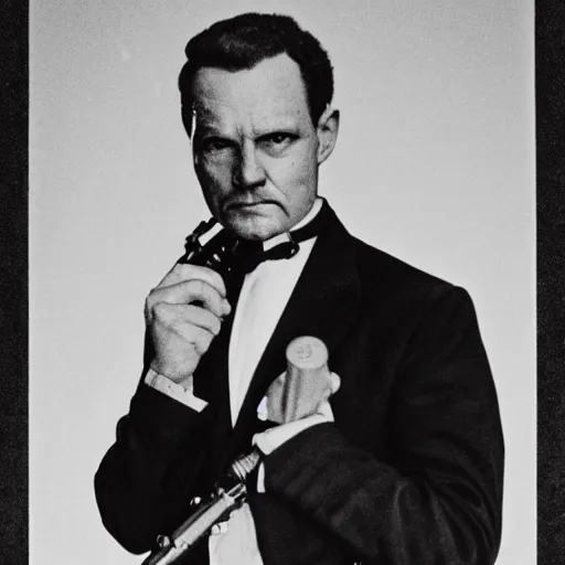 Prompt: Portrait of the Homelander from the Tv Show the Boys in a tuxedo with a silenced gun on his hand, black and white