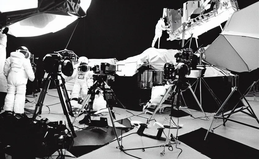 Prompt: Behind the scenes photos of the faked Apollo 11 Lunar landing on a Hollywood sound stage directed by Stanley Kubrick. Leica IIIc, 35mm. Black and white film. Grainy, low contrast, blurry, candid