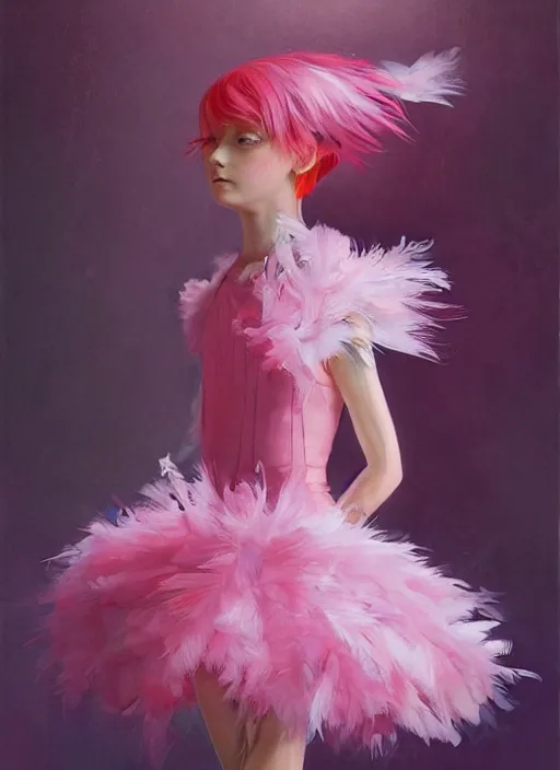 Prompt: beautiful little girl with an pink eccentric haircut wearing an dress made of feathers dancing on stage, artwork made by ilya kuvshinov, inspired in donato giancola, hd, ultra realistic, reflection, flowers, light, realistic face, bird