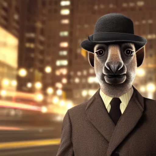 Image similar to a picture of a man with the face of a brown llama, wearing a 1 9 4 0's noire detective outfit, standing in the streets of chicago at night, 4 k octane render highly realistic photograph