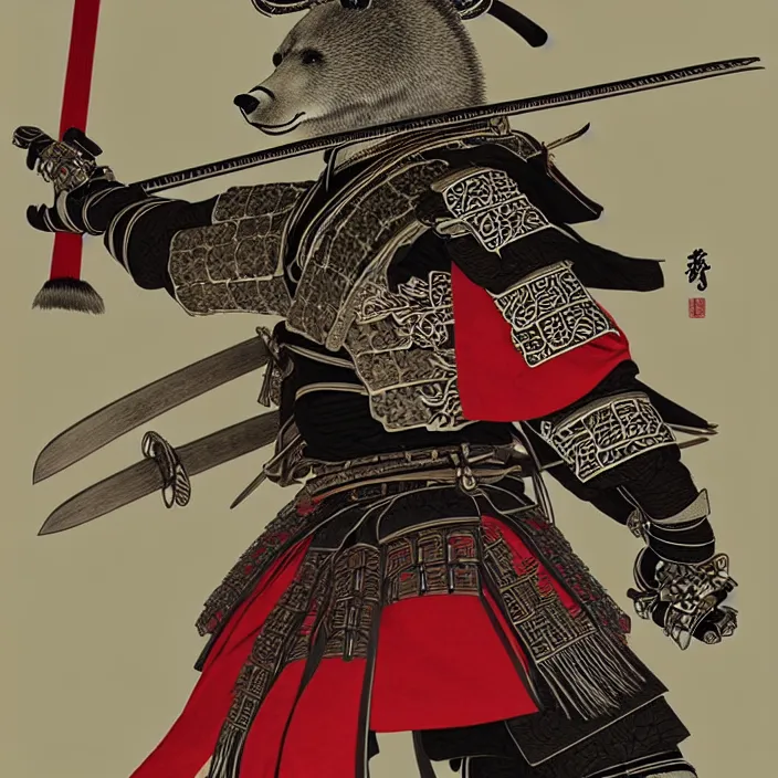 Image similar to anthropomorphic samurai bear, fantasy, intricate, highly detailed, lifelike, photorealistic, digital painting, artstation, illustration, concept art, smooth, sharp focus, art by kitagawa utamaro and ogata korin and aya takano