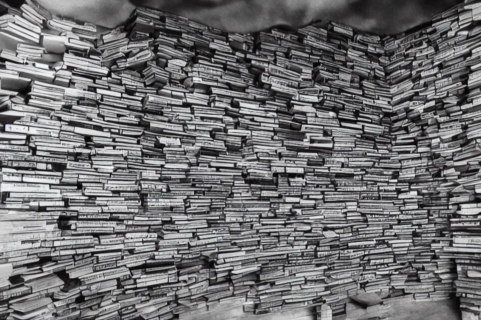 Image similar to a castle made of books, black and white photography