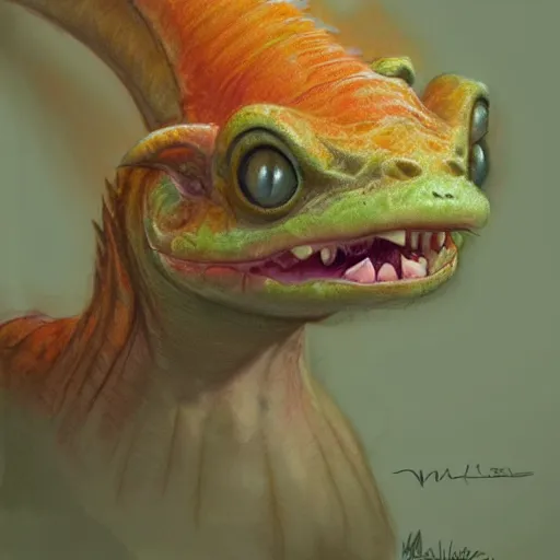 Prompt: happy and cute face of baby dilophosaurus, face only, big smile, pencil drawing, pastel, by marc simonetti