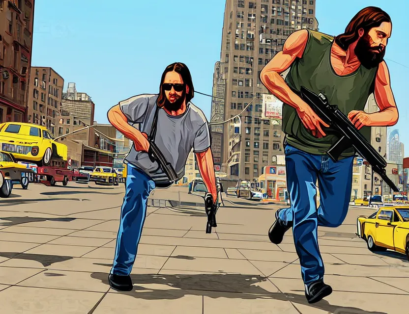 Prompt: illustration of jesus carrying an ak 4 7 in dimes square new york city in the style of gta v artwork, stephen bliss, highly detailed