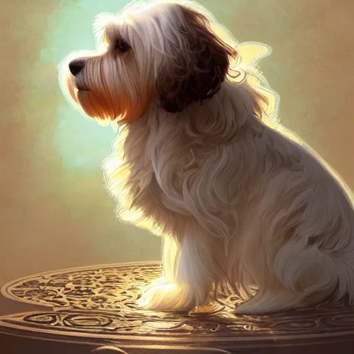 Image similar to beautiful detailed picture of a havanese, radiant light, art nouveau, intricate, elegant, highly detailed, my rendition, digital painting, artstation, concept art, smooth, sharp focus, illustration, art by artgerm and greg rutkowski and alphonse mucha