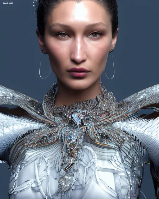 Image similar to a highly detailed metahuman 8 k close up render of bella hadid as surrealism renaissance in iris van herpen dress schiaparelli in diamonds crystals swarovski and jewelry iridescent in style of alphonse mucha gustav klimt trending on artstation made in unreal engine 4