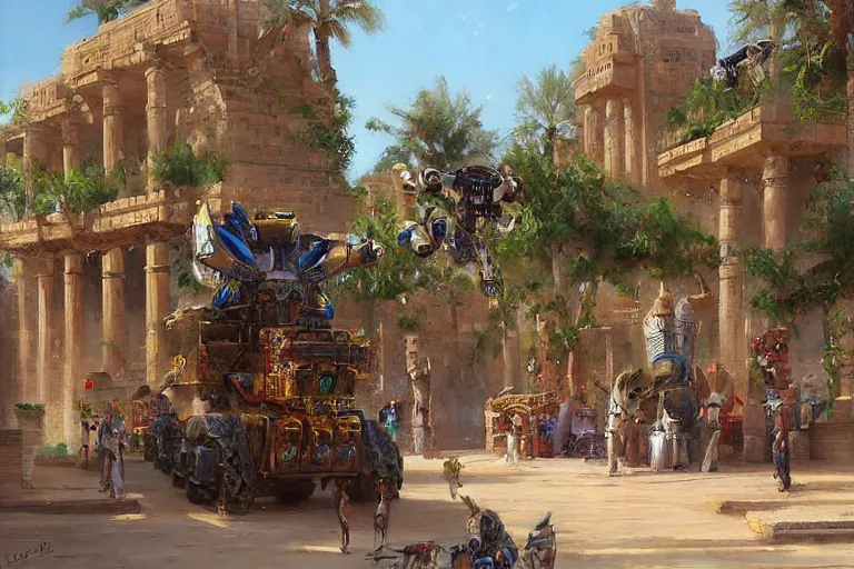 Prompt: ancient city of Babylon, hanging gardens of babylon. Robot mechas roaming the streers of ancient babylon. By Konstantin Razumov, highly detailed