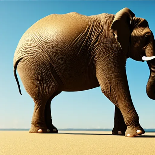 Image similar to a highly detailed beautiful Elephant with smooth and streamlined skin, doing an elegant pose on the beach, artstation, DeviantArt, professional, octane render