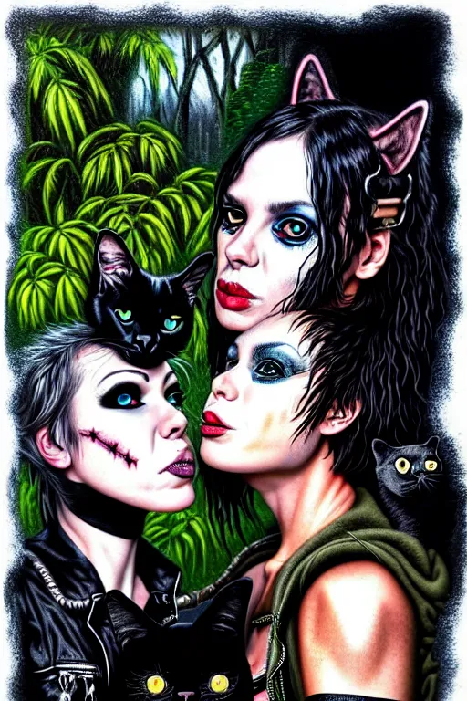 Image similar to punk rock girls kissing and making selfie with black cats in jungle , 1980 style, mad max jacket, post apocalyptic, Cyberpunk, renaissance, Gothic, mystic, highly detailed, 4k, fog, oil painting on canvas, sharp focus,, hyper realistic style, dramatic lighting, fantasy by Olga Fedorova