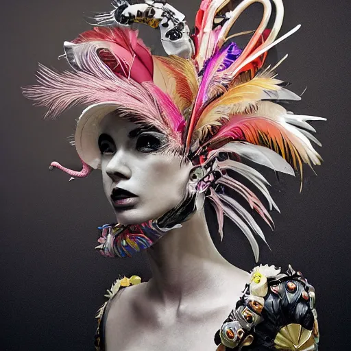 Prompt: of a woman with a strange headpiece, alexander mcqueen flamingo baroque, panfuturism, made of clocks, made of flowers, made of long feathers, hybrid, extravagant, retro futuristic, bold natural colors, masterpiece, trending on artstation, photography h 7 6 8