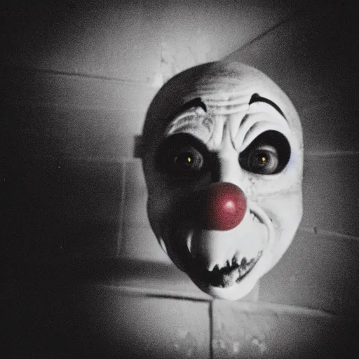 Prompt: a creepy clown with an unnatural smile from a horror movie, it is deformed and is staring at the camera from the end of a dark liminal hallway. caught on vhs, film grain, flashlight lighting, dead space,