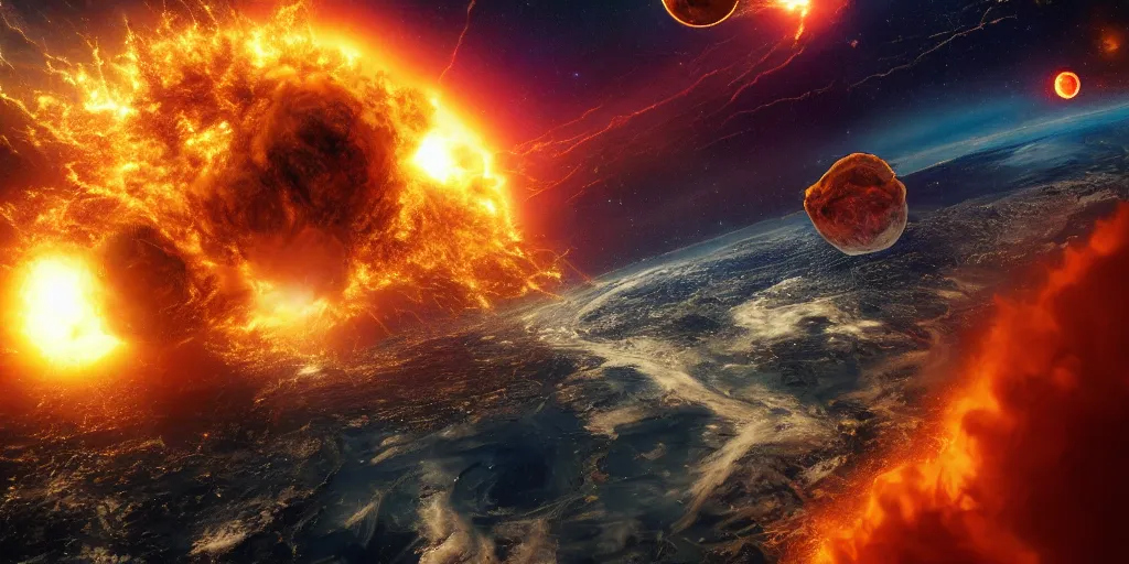 Prompt: orbital earth bombardment seen from space, galactic conquest, hell, fire, inferno, explosion, atomic bomb, dreamcore, realistic, doom, catastrophe, insanity, cinematic, end of humanity, 8 k, hdr, very detailed