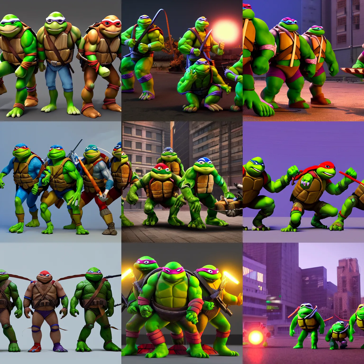 Prompt: teenage mutant ninja turtles in the style of pixar, 3 d render, cinematic lighting, volumetric lighting, octane render