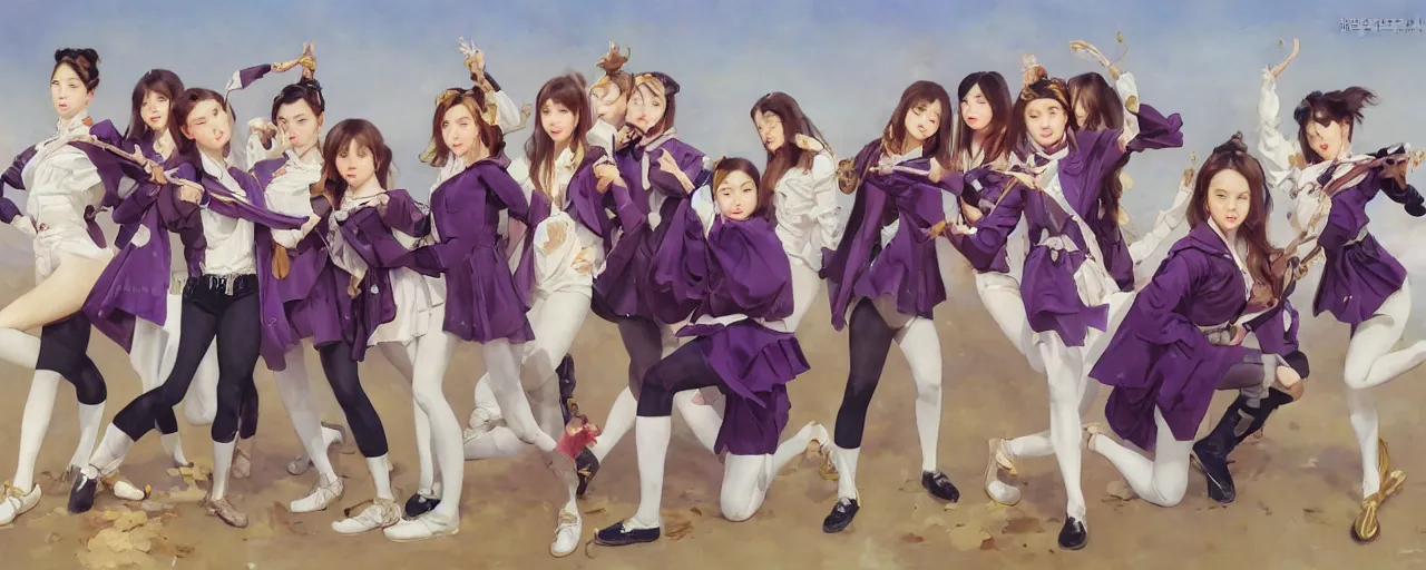 Image similar to Full View of Eunha and other girls from Viviz and gFriend wearing a purple military uniform and short puffy pants, white leggings, Golden Ribbon, and a billowy scarf. Rhythmic gymnastics poses. masterpiece 4k digital illustration by Ruan Jia and Mandy Jurgens and Artgerm and greg rutkowski, award winning, Artstation, art nouveau aesthetic, Alphonse Mucha background, intricate details, realistic, panoramic view, Hyperdetailed, 8k resolution, intricate art nouveau