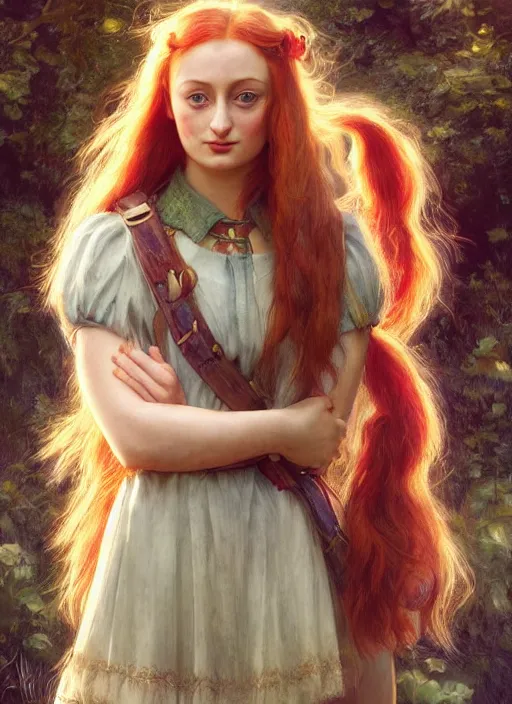 Prompt: portrait Sophie Turner as Pippi Longstocking, full length shot, shining, 8k highly detailed, sharp focus, illustration, art by artgerm, mucha, bouguereau