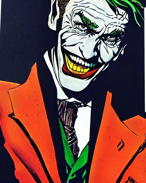 Image similar to portrait of saul goodman as the joker, die cut sticker, art by neil gaiman and peter elson, bernie wrightson