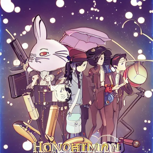 Image similar to film still Mechancial Bunny, a steampunk anime about scientists creating a mechanical bunny, art by Dice Tsutsumi, Makoto Shinkai, Studio Ghibli, playstation 2 printed game poster cover, cover art, poster, poster!!!