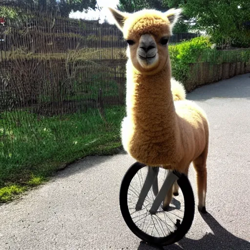 Image similar to a childrens drawing of an alpaca on an unicycle