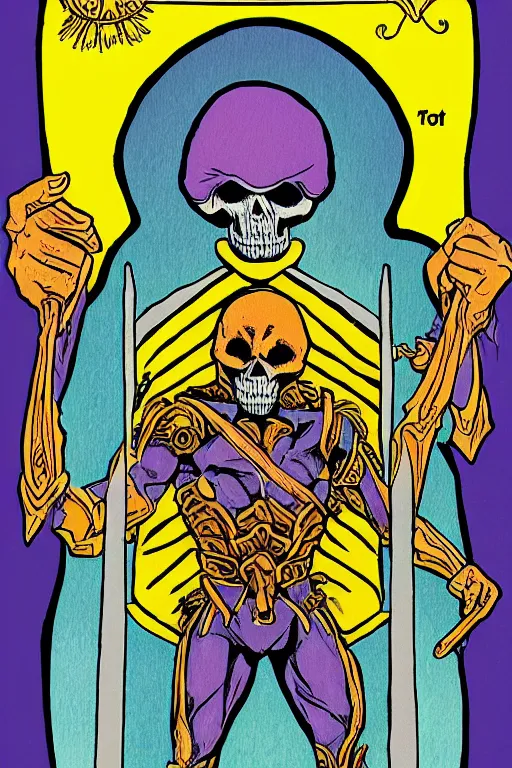 Image similar to skeletor tarot card, illustrated by john dyer baizley