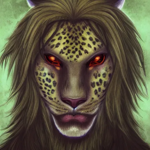 Prompt: Character portrait, face close-up, in the style of dark fantasy, of Anthro leopard warlock